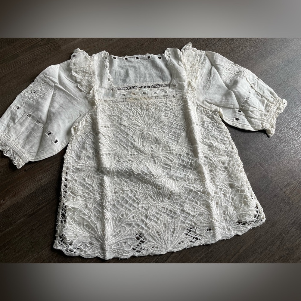 Sundance Altai Blouse Top S White Eyelet Lace Embroidered Boho Linen Blend NWT